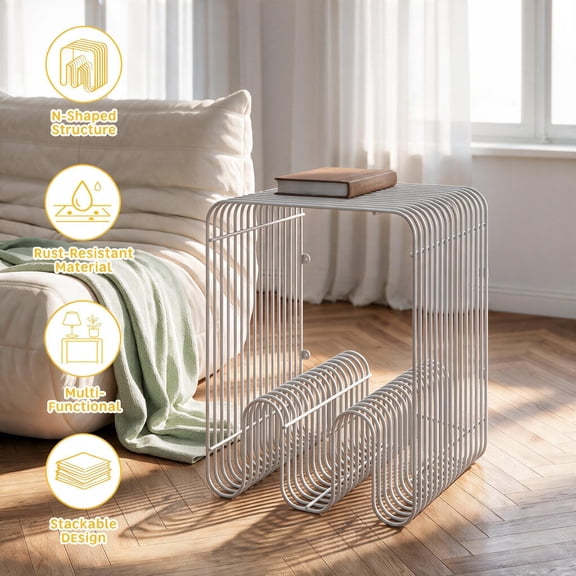 VGBYUJ Double N-Shape Metal Retro Side Table, Sofa Bedside Table with Magazine Rack for Small Space, Modern Nightstand with Storage Shelf for Living Room, Bedroom, Silver