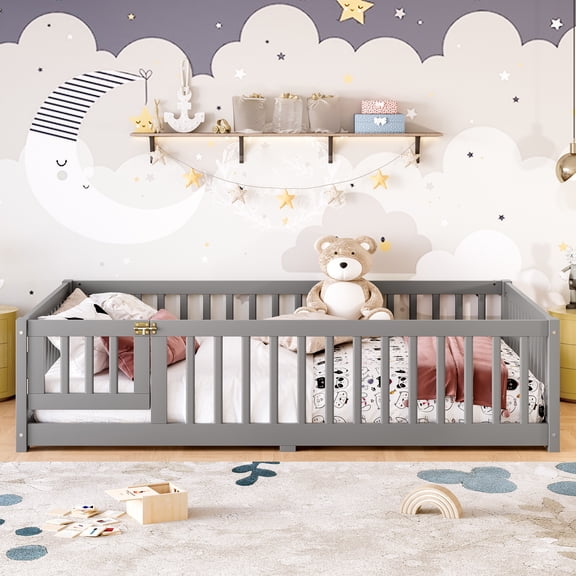Harper & Bright Designs Full Size Floor Bed with Guardrails and Door, Wood Platform Bed for Boys and Girls, Gray