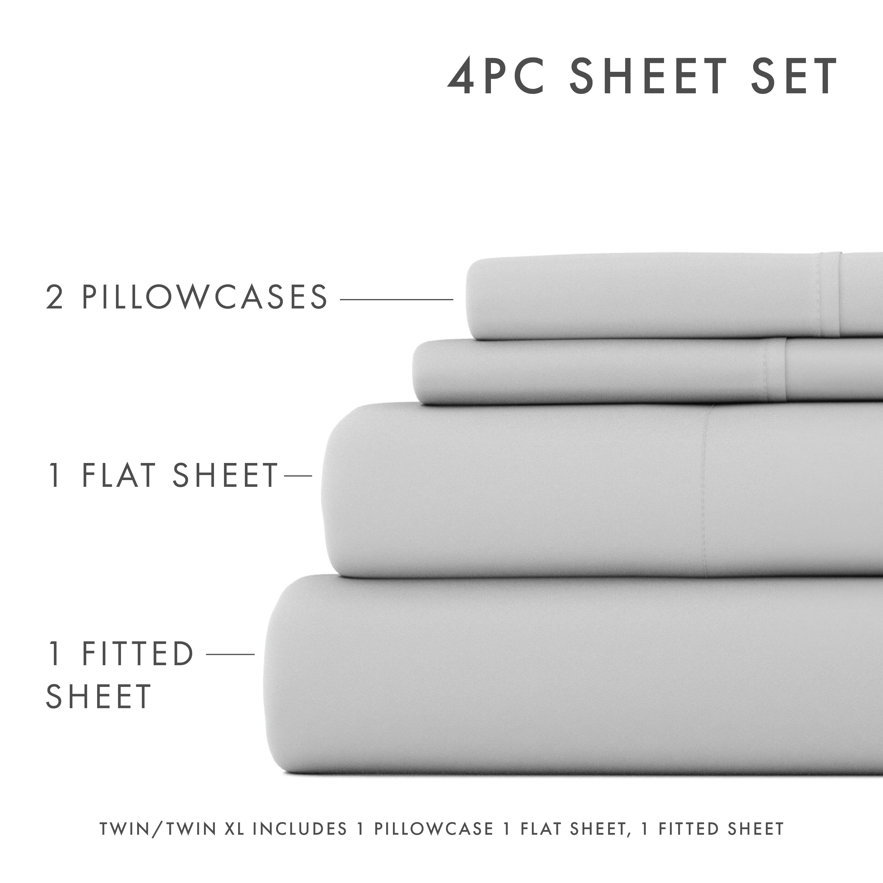 Noble Linens 4 Piece Solid Microfiber Bed Sheet Set, Light Gray, King