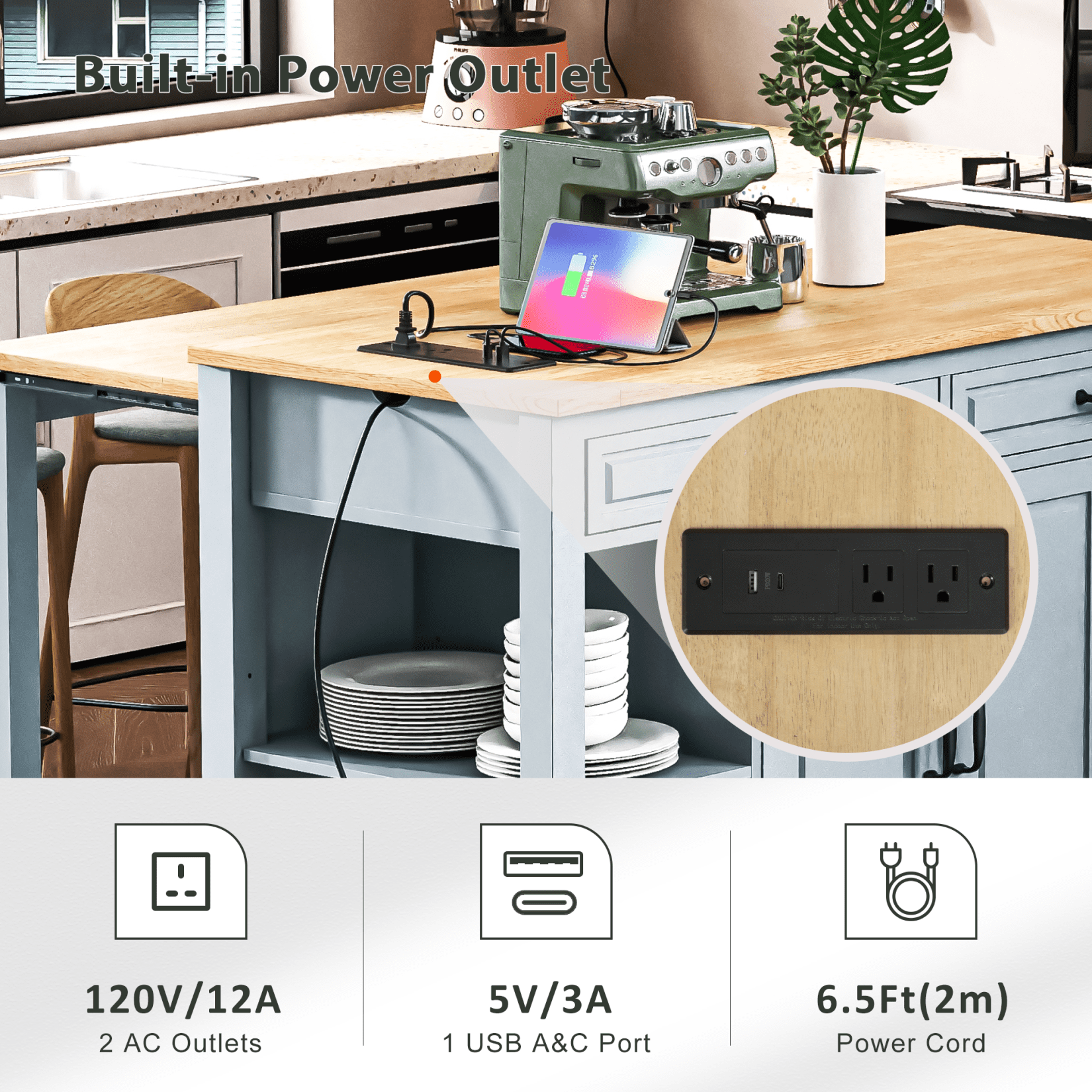 Harper & Bright Designs Kitchen Island with Extendable Dining Table, Kitchen Storage Cart with Drawers and Internal Storage Rack, Rolling Kitchen Island with Power Outlet, Grey+Blue
