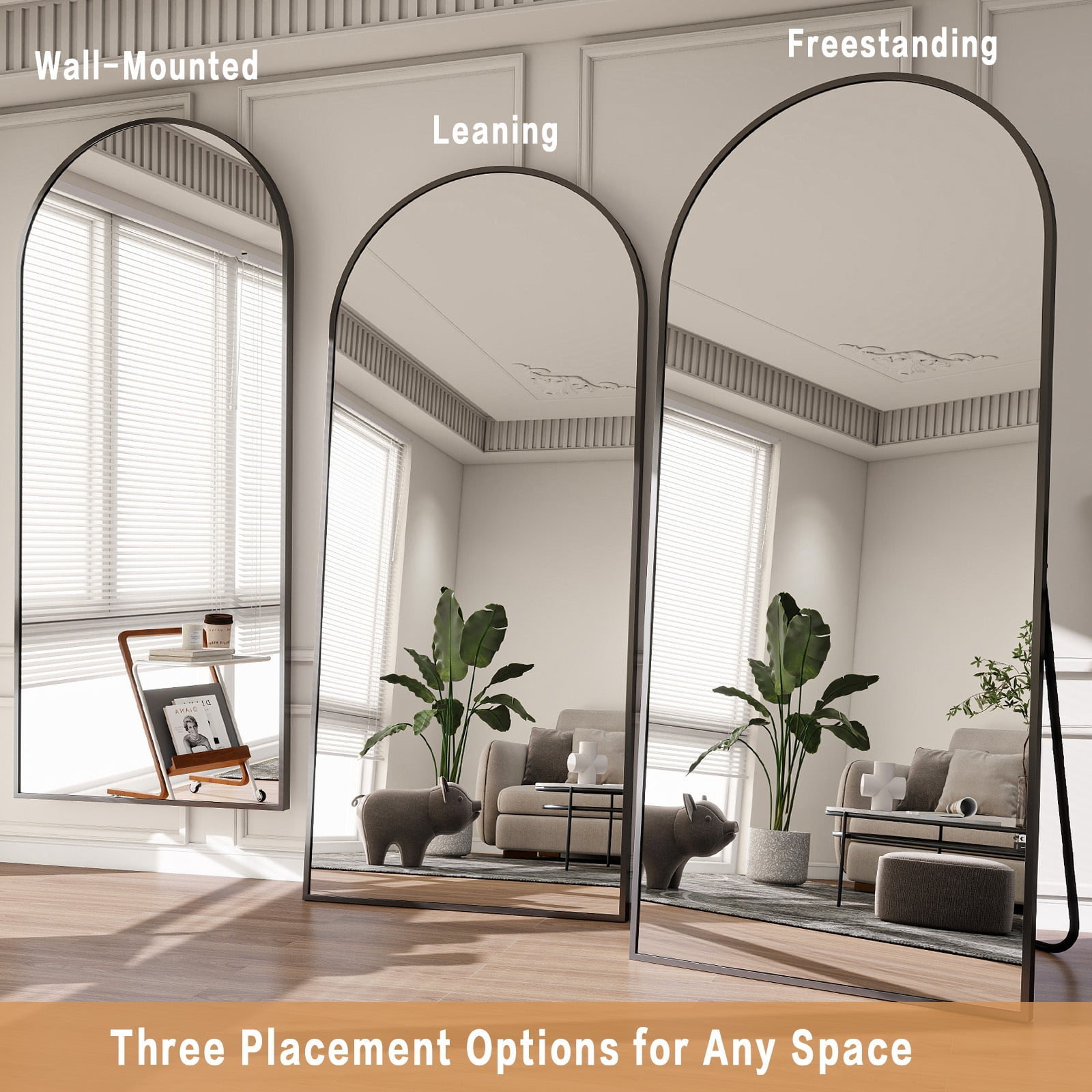 GRAHMCY 71" x 30.2" Arched Large Full Length Mirror Wall Mounted Floor Mirror with Stand, Black