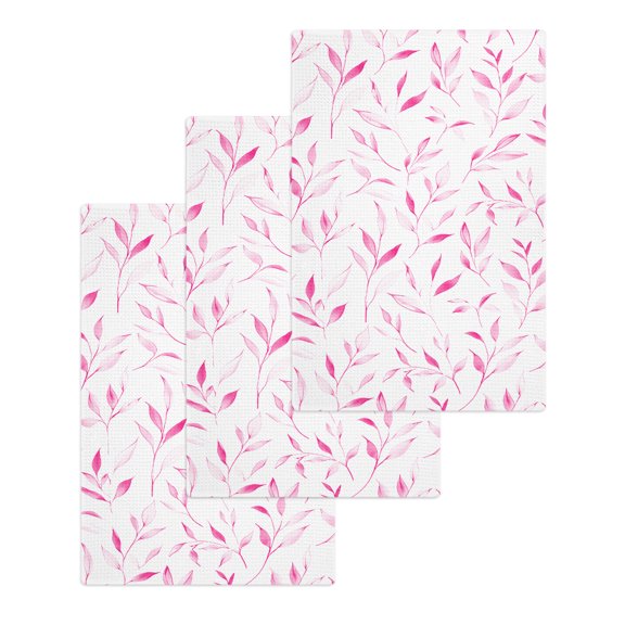 Pink Leaf Kitchen Dish Towels for Drying Dishes Set of 3, Modern Botanical Foliage Plant Country Flower Waffle Weave Microfiber Hand Tea Bathroom Towels Quick Dry & Absorbent Towel 15.7x23.6