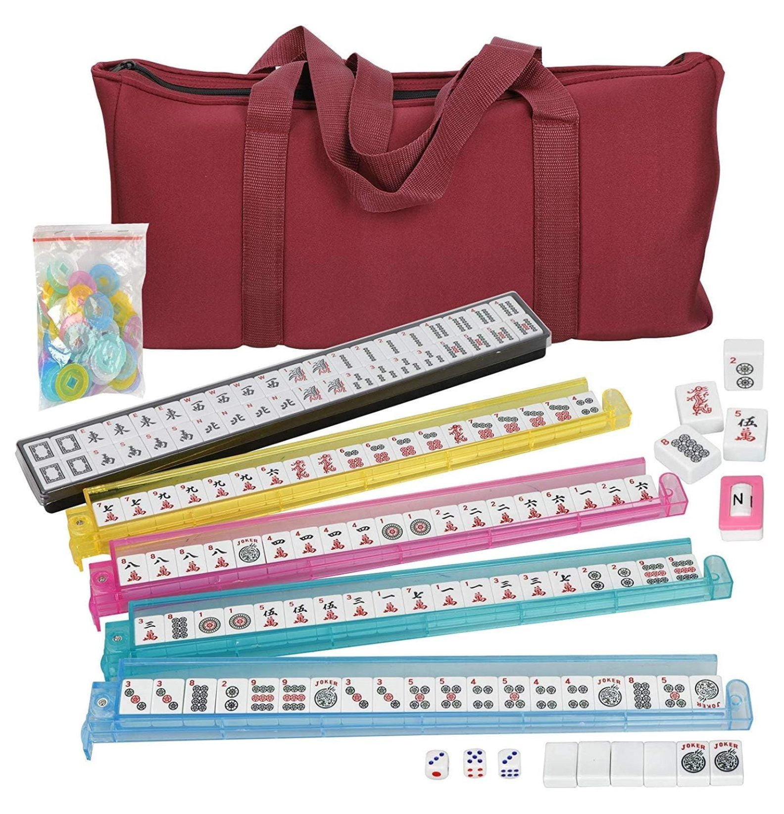 American Mahjong Set 166 Tiles, 4 Colors All-in-One Rack/Pushers, Red Soft Bag and Accessories –Classic Full Size Complete Mahjong Set.