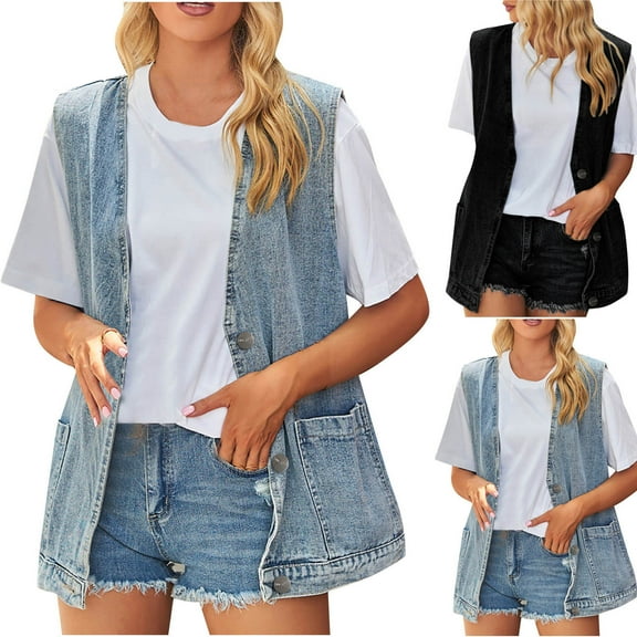 qolati Women’s Oversized Denim Vest Button Down Lapel Sleeveless Jean Vest Top Casual Loose Waistcoat Outerwear Cardigan
