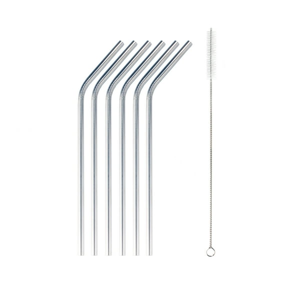BambooMN Reusable Stainless Steel Metal Drinking Straws - 8" Bent Straws w/ 2x Cleaning Brushes - 12 Pack