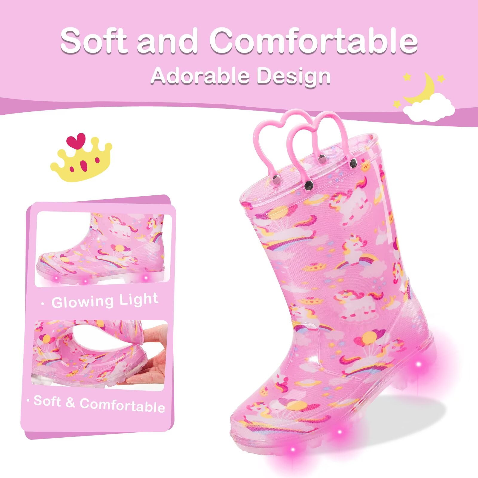 FUNCOO PLUS Toddler Kids Rain Boots Girls Light Up Waterproof Boots with Handles, Pink, Big Kid Size 1