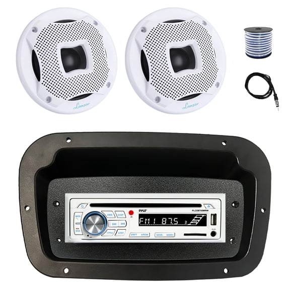 Pyle PLCDBT65 Single DIN Bluetooth Marine CD Stereo Receiver, Spa bezel, Adapter Plate, 22" Radio Antenna, Wire, 2x 6.5" 450 Watt Peak 2-Way Water Resistant Boat Audio Speakers (White)