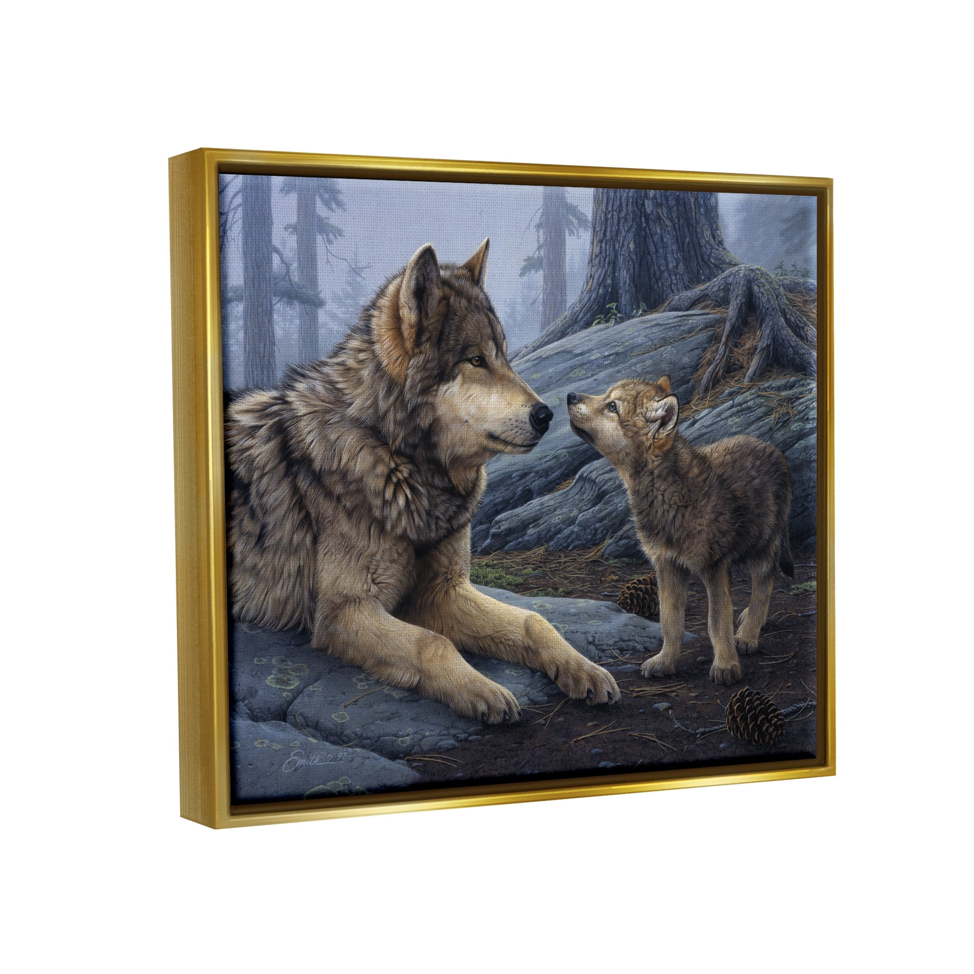 Stupell Industries Wolf & Cub Woodland Forest Animals & Insects Painting Gold Floater Framed Art Print Wall Art