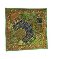 Mogul Ethnic Green Cushion Throw Patchwork Embroidered Sequin Cotton Pillow Cover