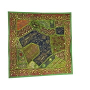Mogul Ethnic Green Cushion Throw Patchwork Embroidered Sequin Cotton Pillow Cover