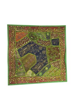 Mogul Ethnic Green Cushion Throw Patchwork Embroidered Sequin Cotton Pillow Cover