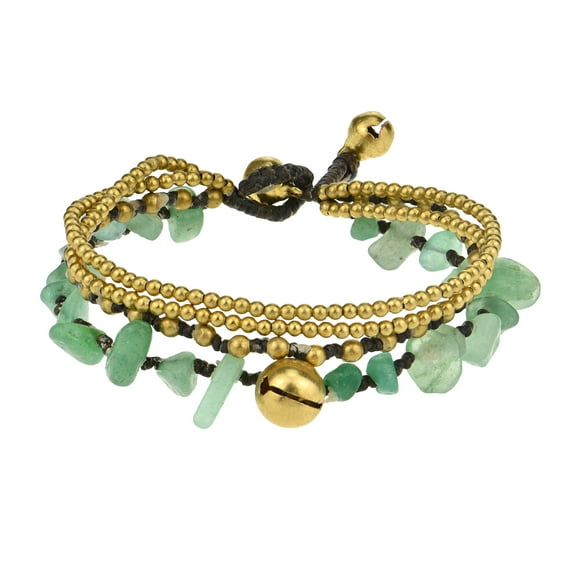 Green Aventurine Multi Strand Brass Beaded Handmade Jingle Bell Bracelet