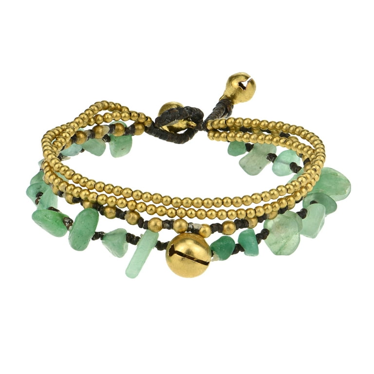 Green Aventurine Multi Strand Brass Beaded Handmade Jingle Bell Bracelet 