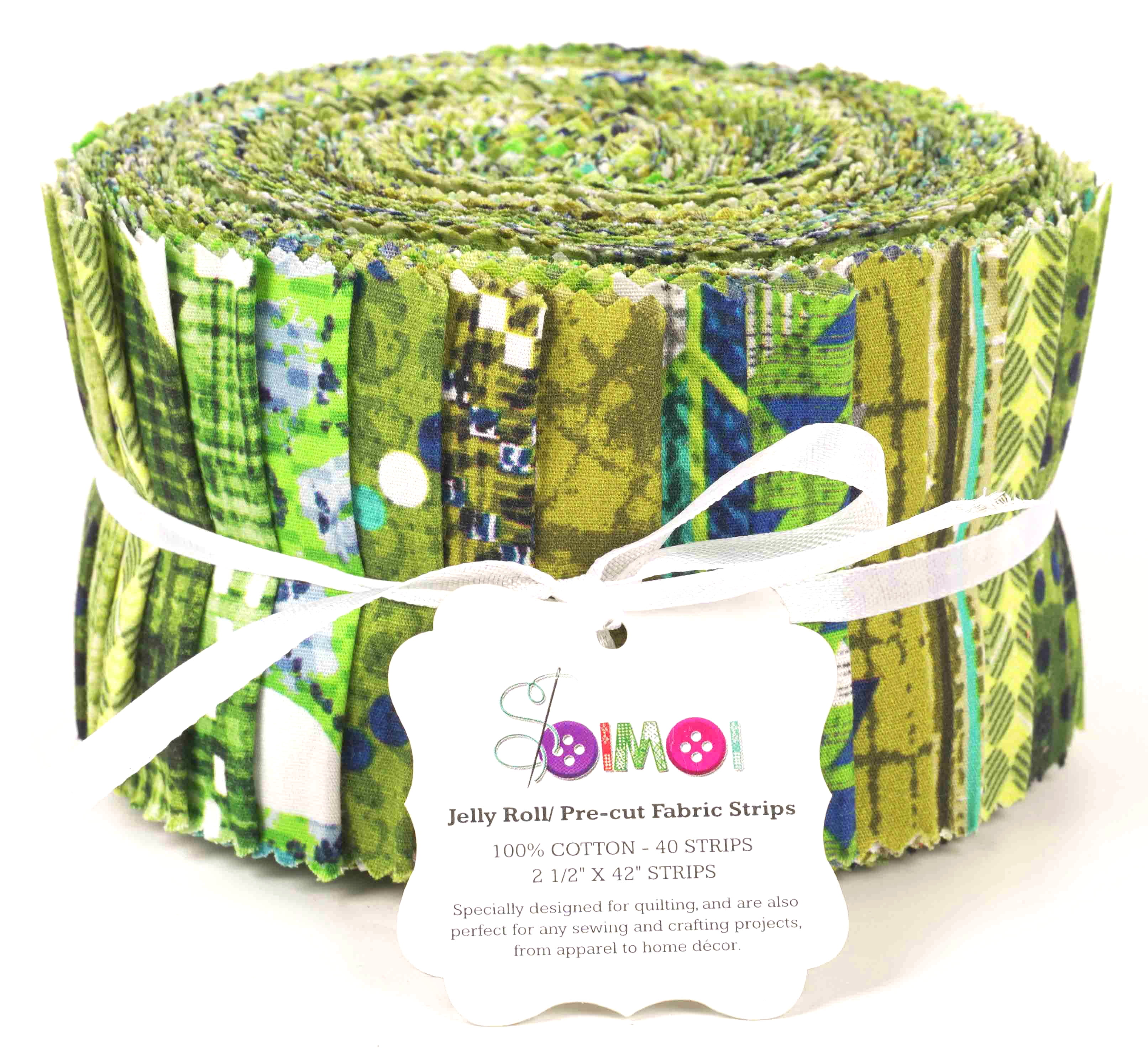 Soimoi 40Pcs Geometric & Texture Print Cotton Precut Fabrics For Quilting Craft Strips 2.5x42inches Jelly Roll - Green