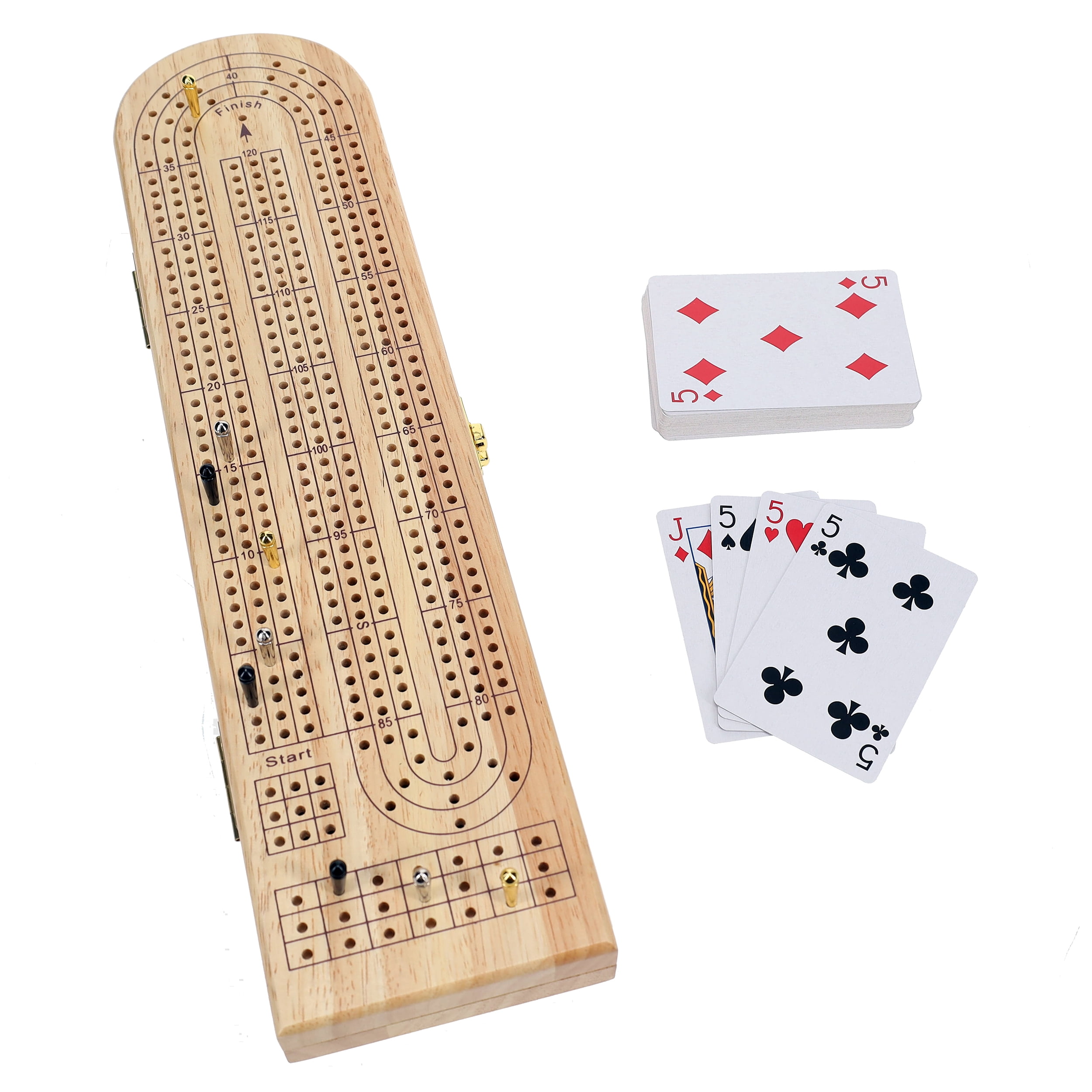 Pacific Shore Games Wooden Travel Cribbage Board Game Set, Continuous 3 Track, Natural