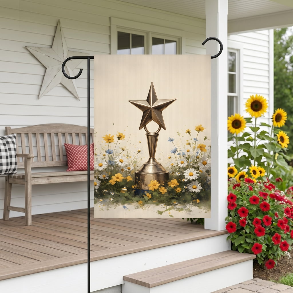 4th of july garden flag A gold star trophy surrounded by daisies in a field. - independence day flag Large 28x40 Inch Decor Size americana home decor