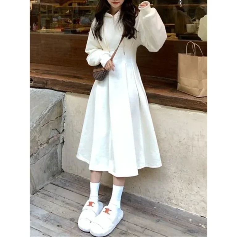 スカート Off-White Long hooded dress White Hooded Dress, Long Dress, Plus Size Clothing, Loose