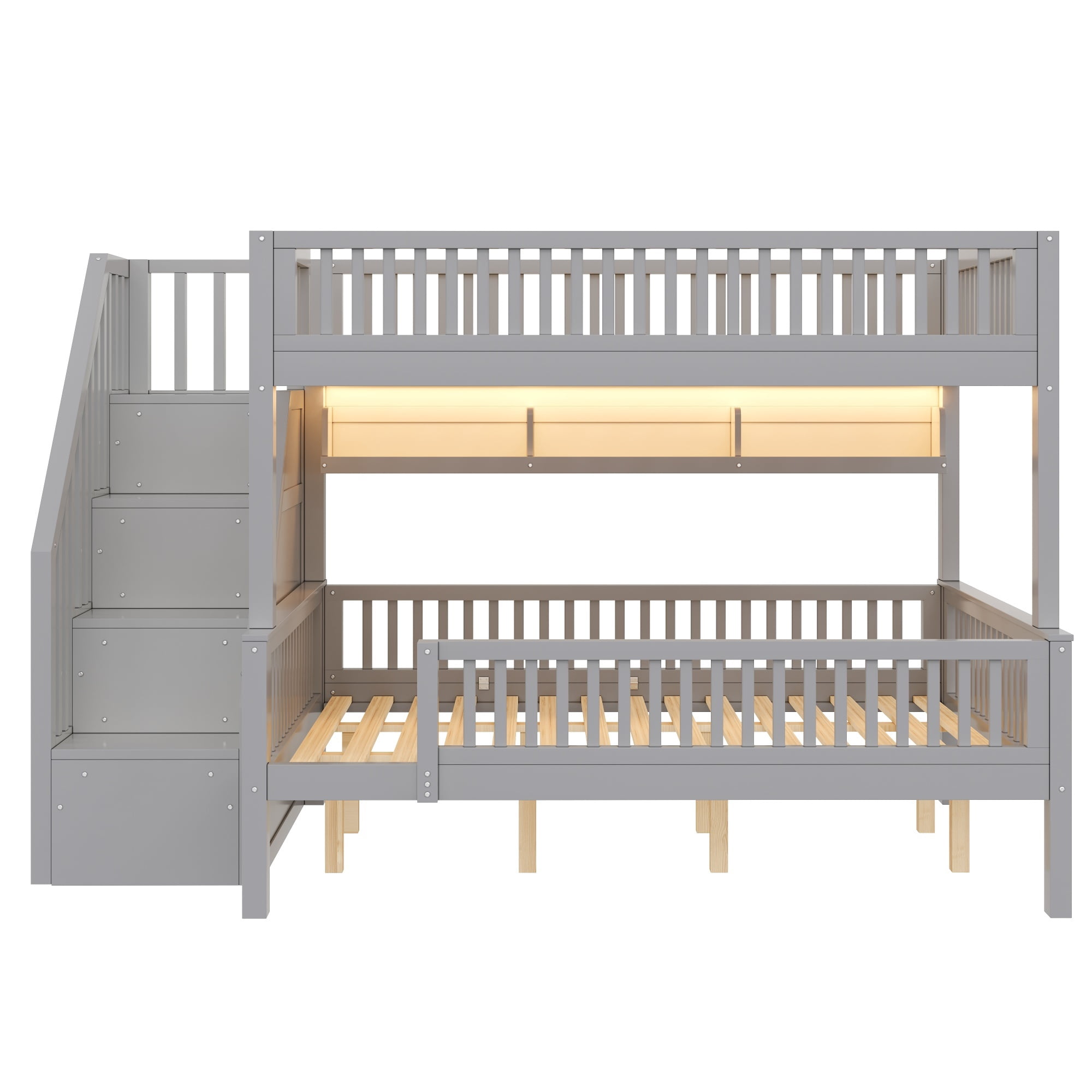 Euroco Wood Full XL over Queen Size Bunk Bed with Storage Staircase, LED Light Shelves and Guardrails, Grey