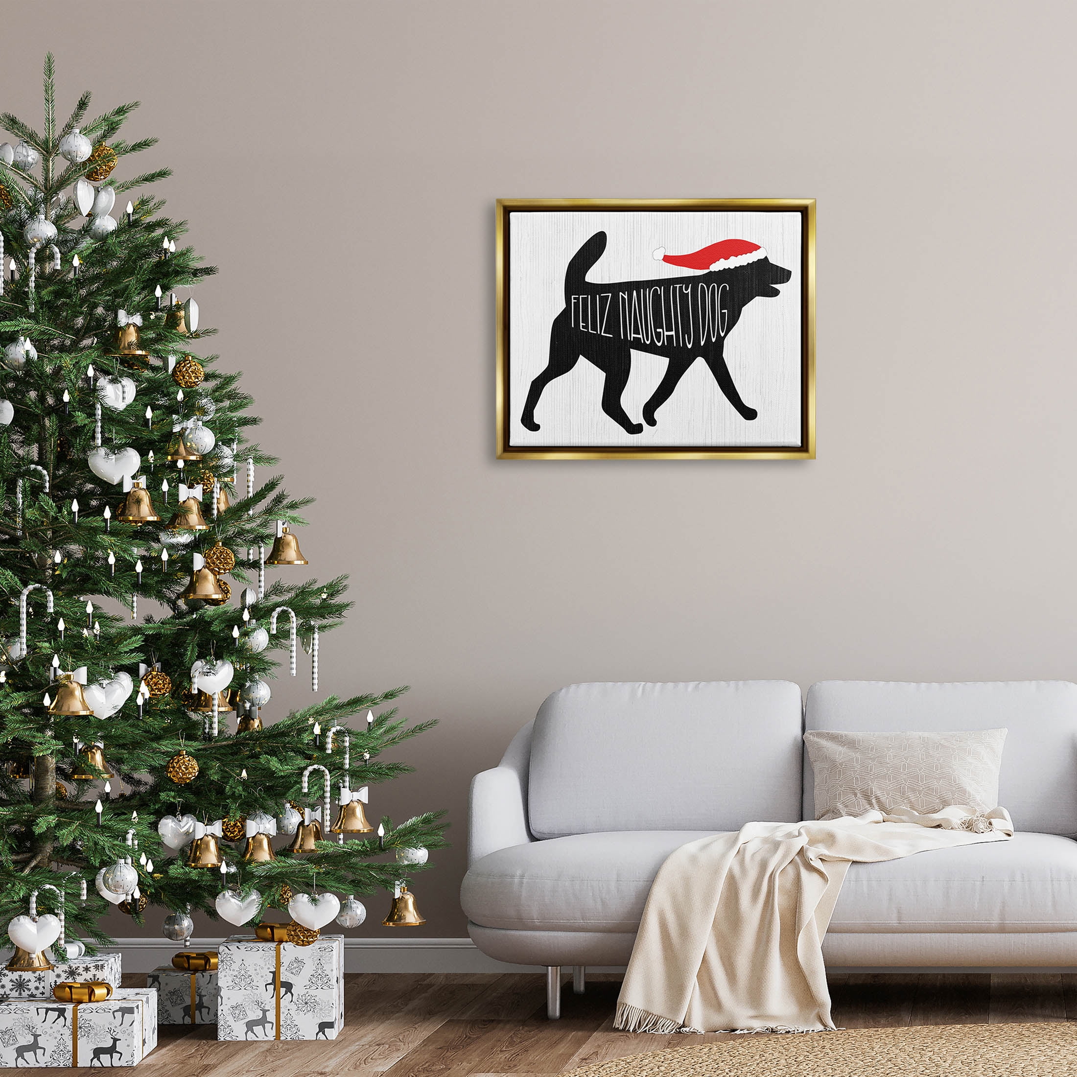 Feliz Naughty Dog Funny Pet Holiday Graphic Art Metallic Gold Framed Art Print Wall Art