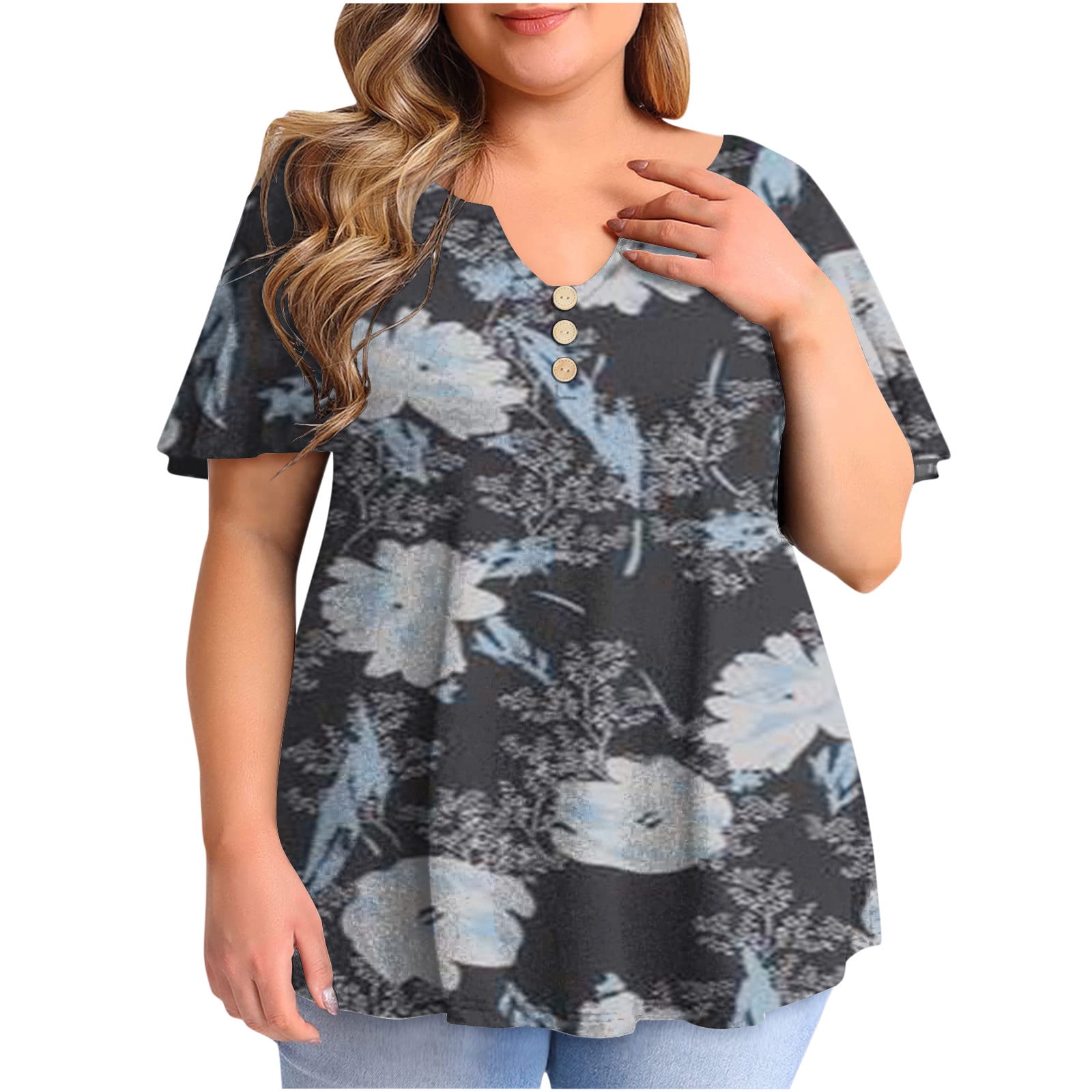 FOLUNSI Women's Plus Size Floral Tunic Top - Short Sleeve V-Neck Henley Blouse
