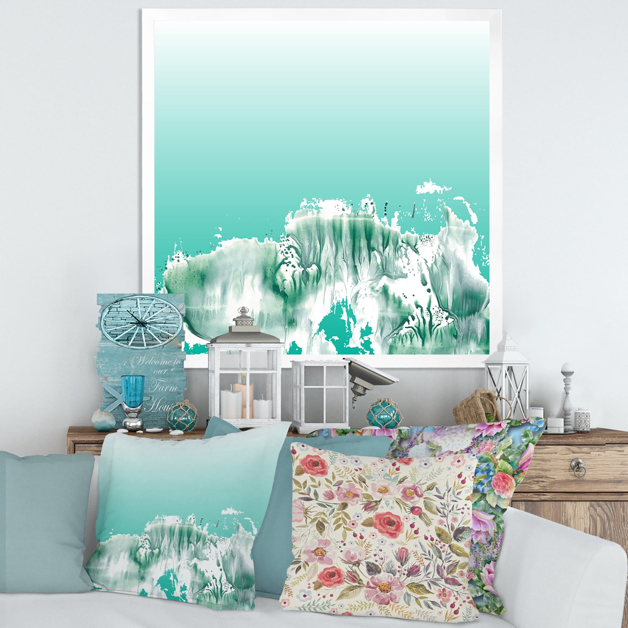 Designart 'Auquamarine Landscape Turquoise Splashes' Traditional Framed Art Print