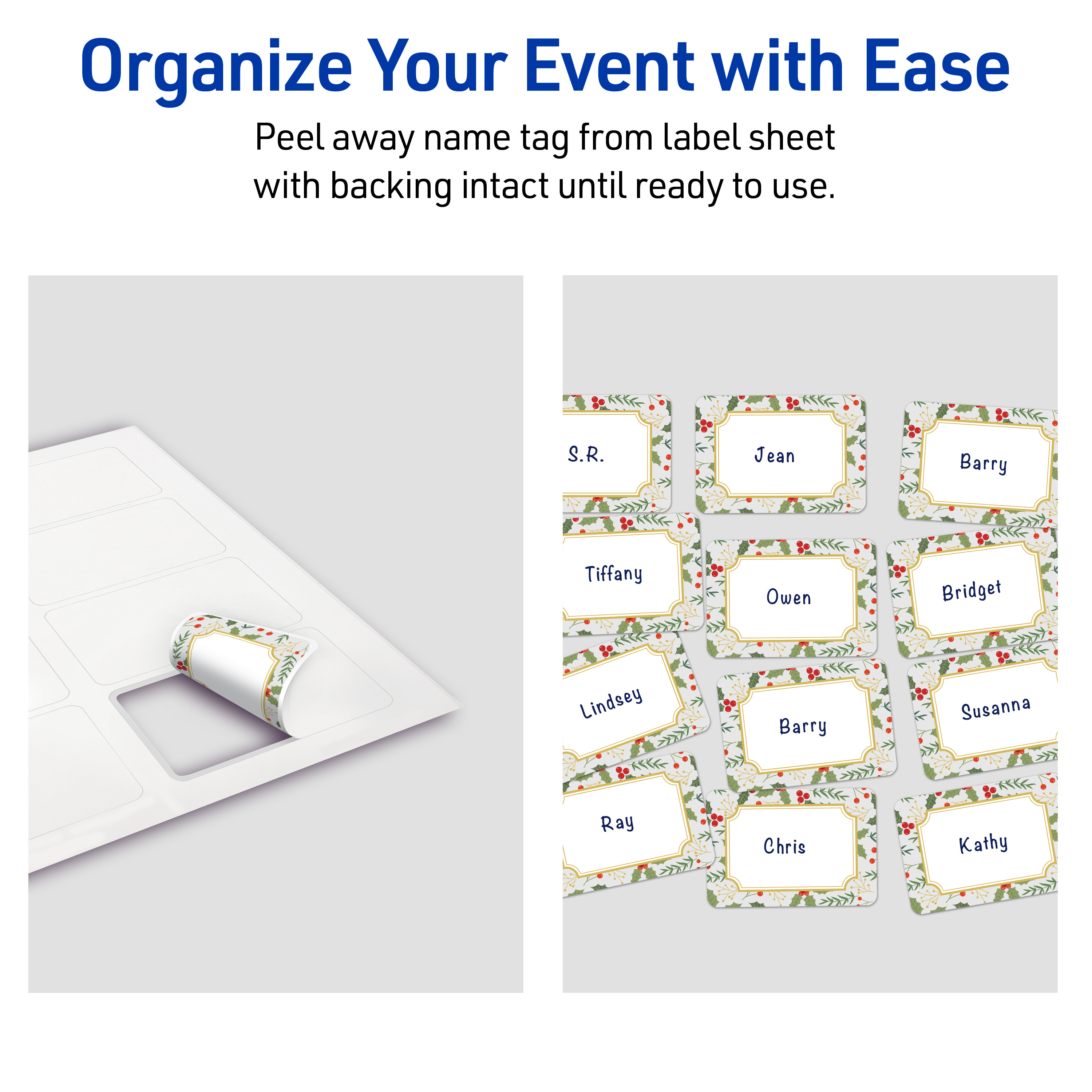 Avery Adhesive Name Tags, Matte White, Blue/Gold Frame