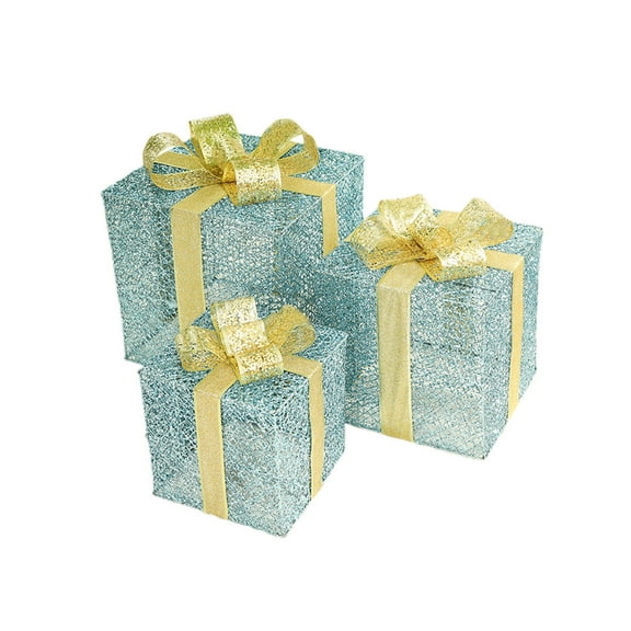 3-Piece LED Christmas Light Box Set - Metal Light-Up Gift Box Decor for Indoor/Outdoor Holiday Displays - Battery-Powered Yard, Tree & Fireplace Decoration (Blue)​​
