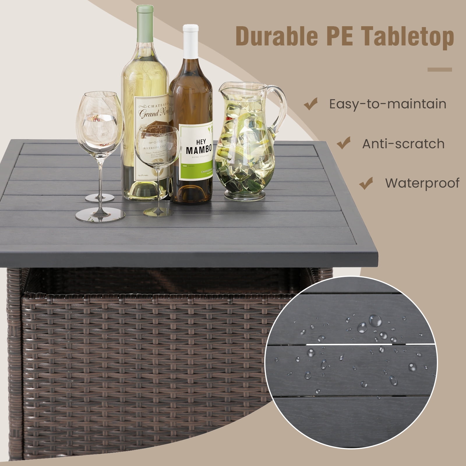 BLACK JAGUAR Outdoor Wicker Table Rattan Coffee Table w/ Umbrella Insert Hole PE Tabletop & Sturdy Metal Frame