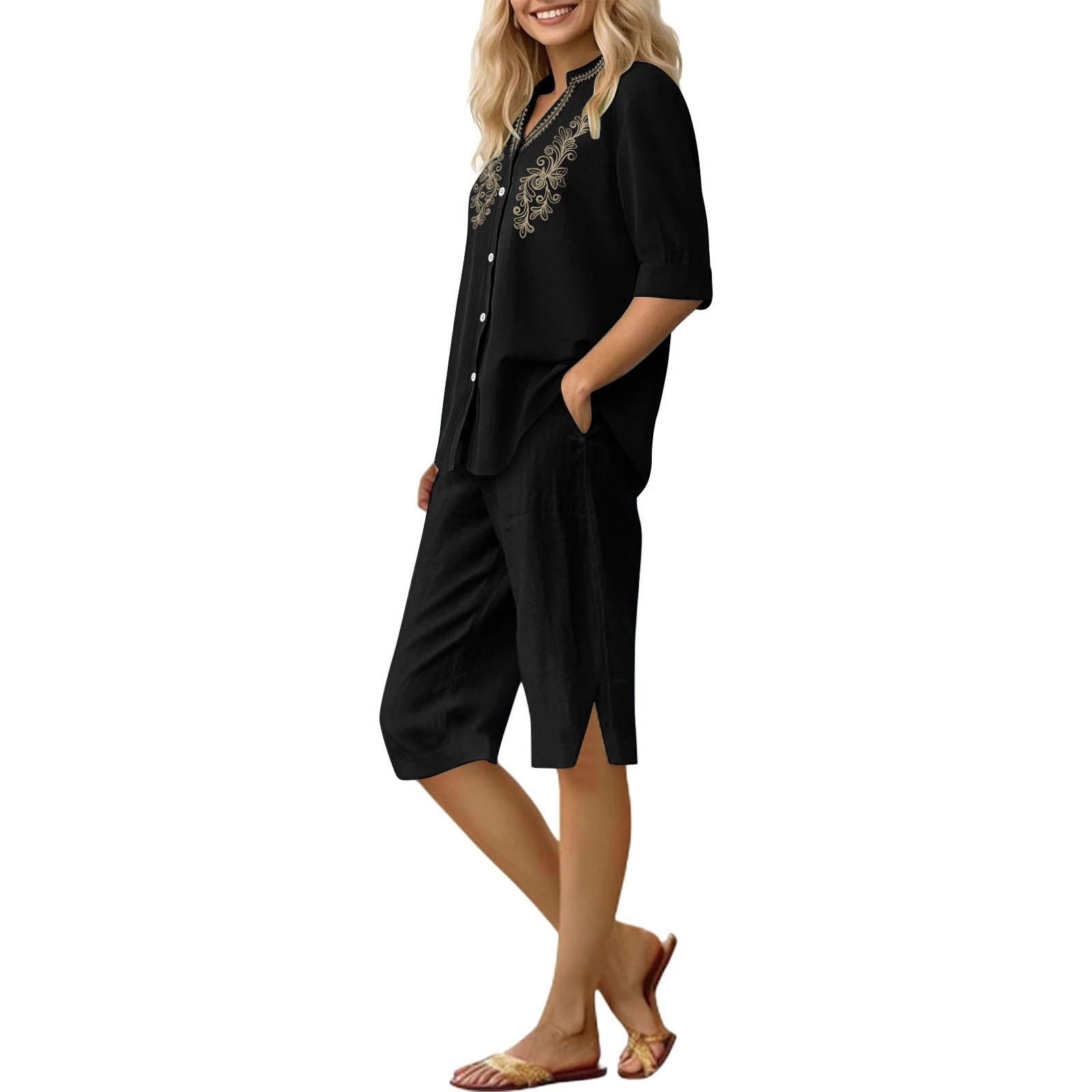Womens 2 Piece Outfits Short Sleeve Cotton Linen Embroidered Shirts Wide Leg Capri Pants Matching Sets
