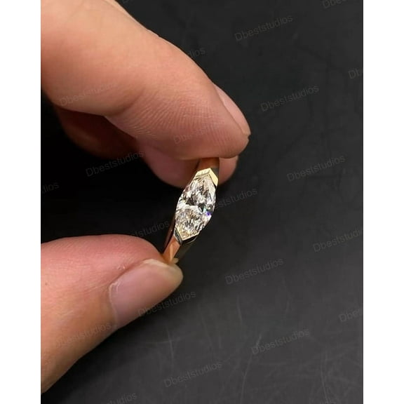 DBESTSTUDIOS Marquise Cut East To West Moissanite Engagement Ring, 1Ct Marquise Cut Half Bezel Setting, Yellow Gold Wedding Ring For Women.