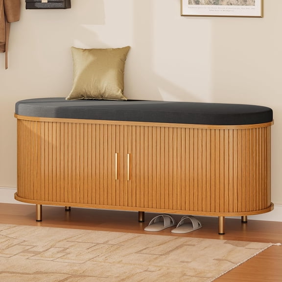 43.3" Wide Storage Shoe Bench Mid-Century Modern, 2-Tier with Thick Padded Cushion, Fluted Sliding Door & Adjustable Shelf, for Entryway, Living Room, Bedroom, Yellow Walnut