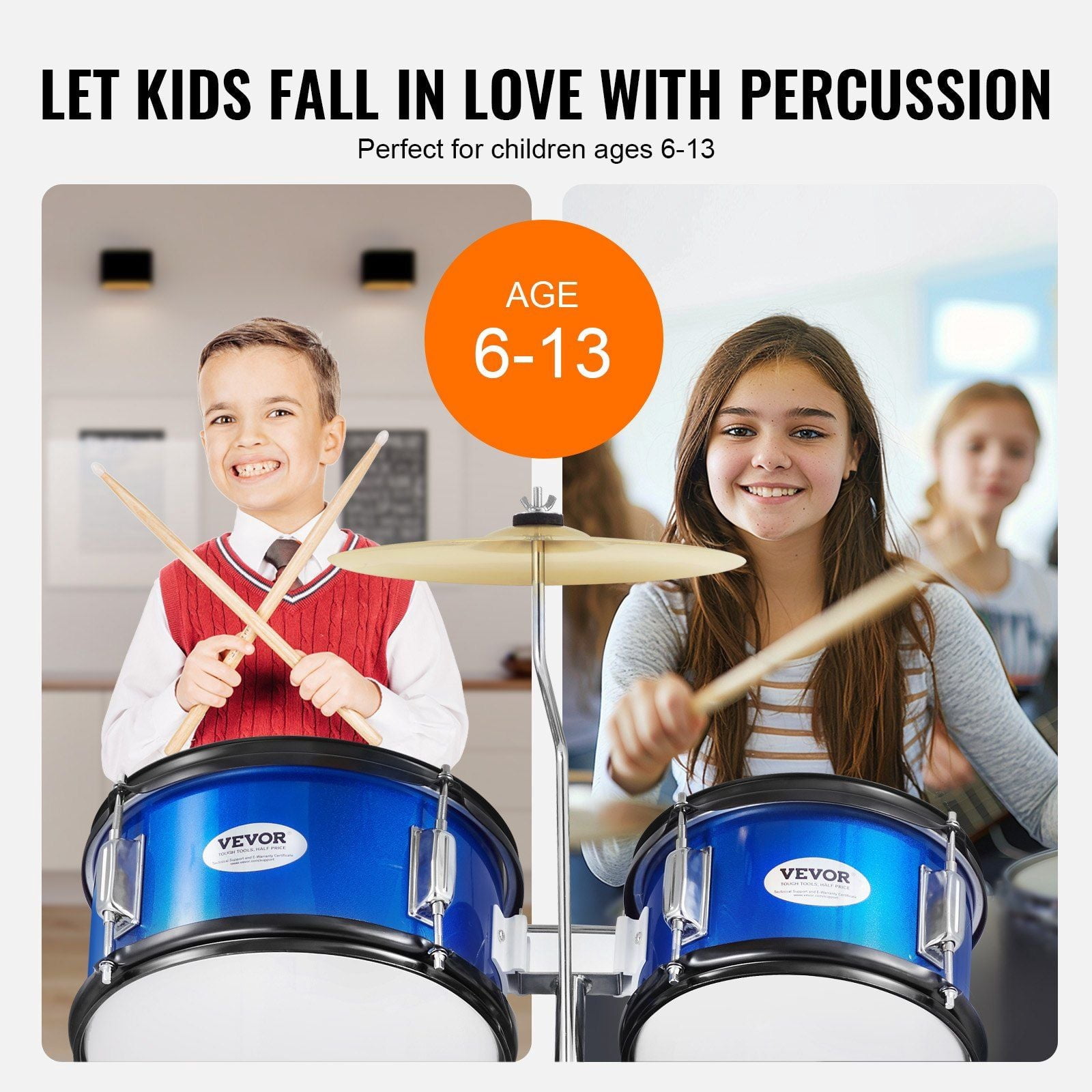 Kids Drum Set, 5-Piece, 16 in Beginner Full Drum Set with Bass Toms Snare Floor Drum Adjustable Throne Cymbal Hi-Hat Pedal and Two Pairs of Drumsticks, Starter Drum Kit for Child Kids, Blue