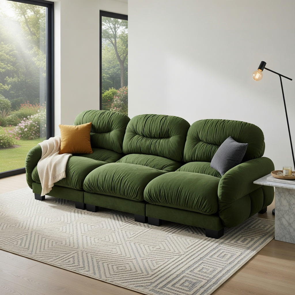 Hommoo Chenille 3-Seat Modular Sofa with Pleated Back, Ergonomic High-Density Foam Cushions, Curved Armrests & 2 Round Throw Pillows, Green