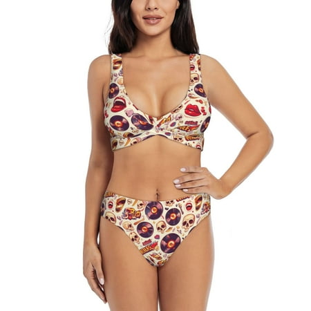 Zeuib rock music Skull record High Waisted Tummy Control Bikini Set - Knot Front Push Up Top & Cheeky Thong Bottom  Two-Piece Swimsuit for Women-X-Large