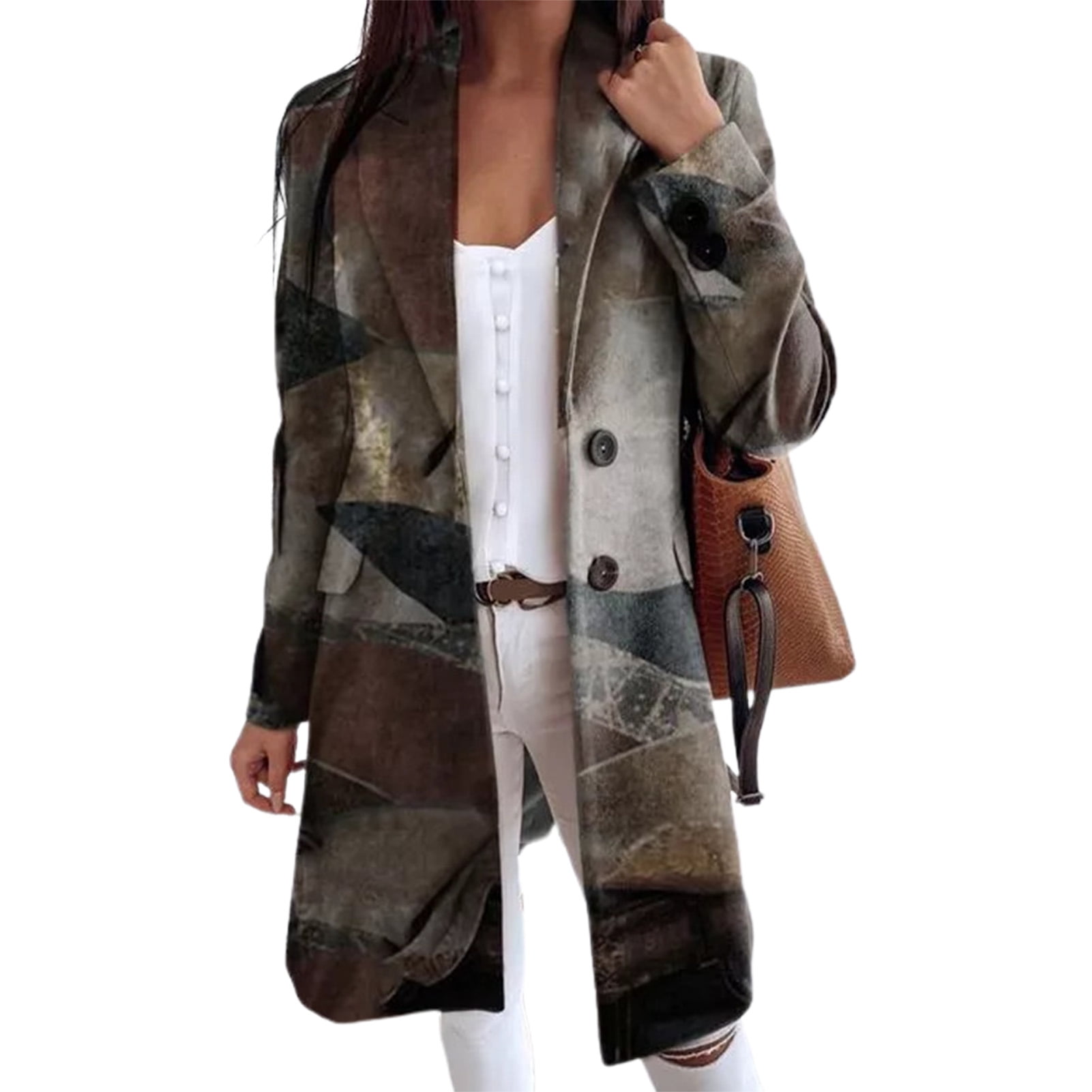 lapel side pockets woolen plaid long coat