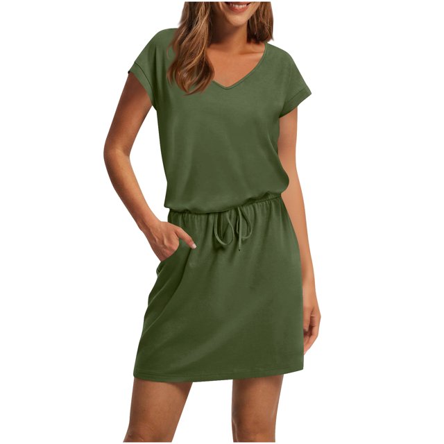 FRSASU Robes T-Shirt pour Femmes Tendance à Taille Nouée Robe Rayée avec Poches Décontractée Col Ras du Cou Manches Courtes Robe Midi Vert Armée