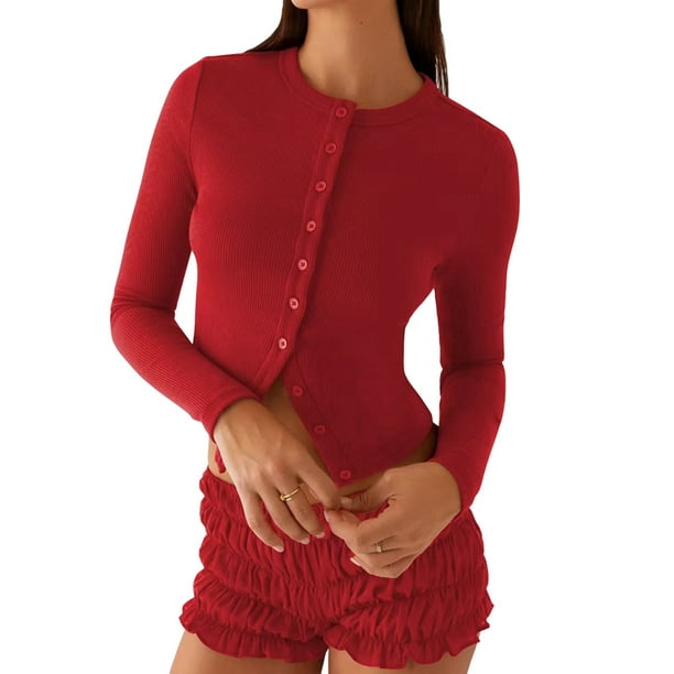 Blusas de Larga para Mujer, Cárdigan Ligero de Otoño, Camisetas para Salir, Blusas Acanaladas con Botones, Lindas y A Rojo M