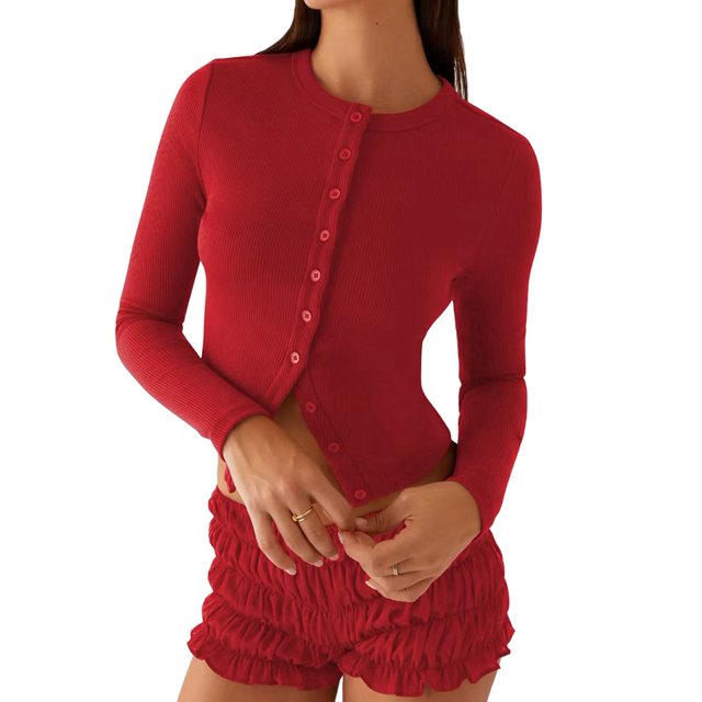 Blusas de Larga para Mujer, Cárdigan Ligero de Otoño, Camisetas para Salir, Blusas Acanaladas con Botones, Lindas y A Rojo XL