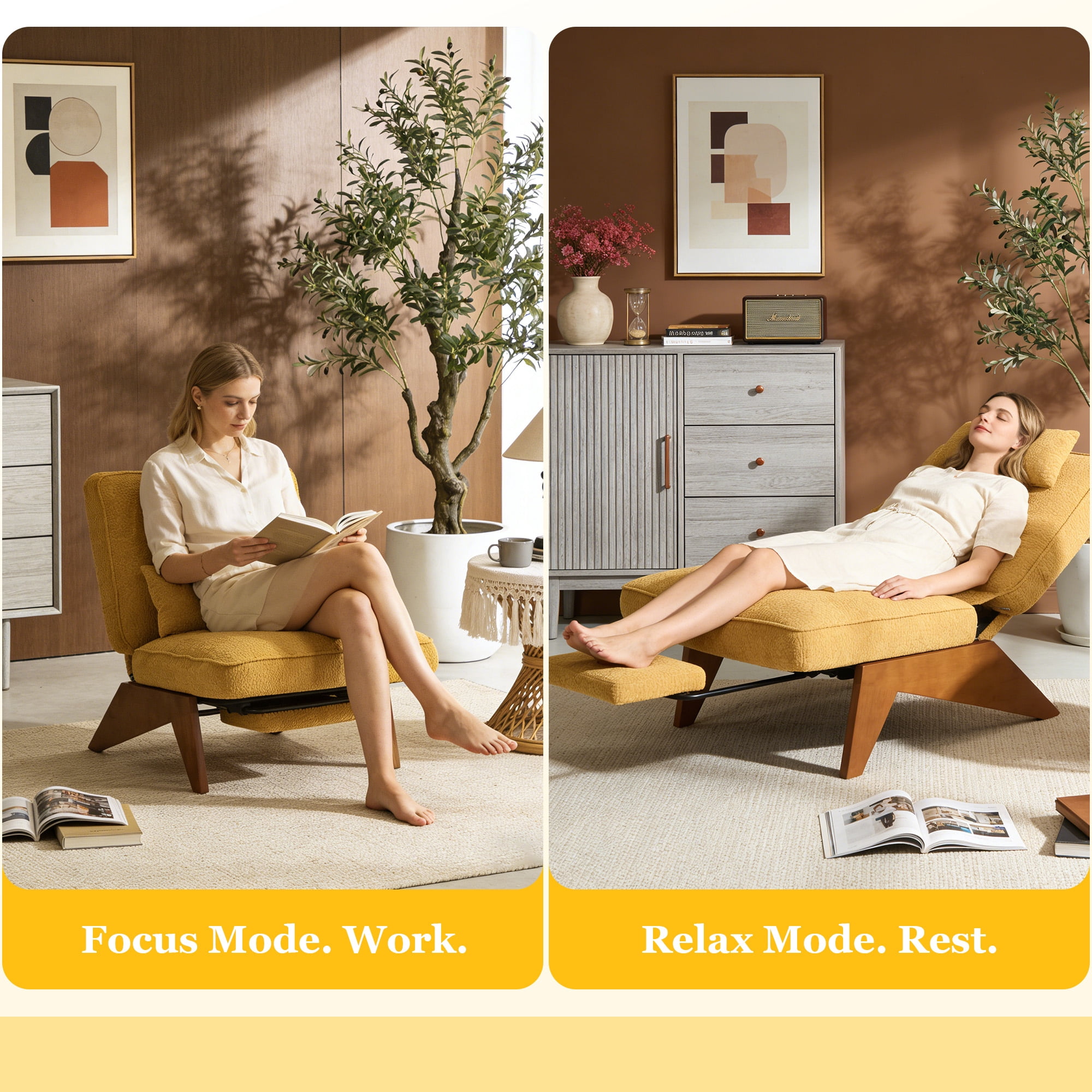 MOONMISS Modern Adjustable Lounge Chair with Footrest,Wooden Base Upholstered Recliner for Reading Rest Circle Fleece