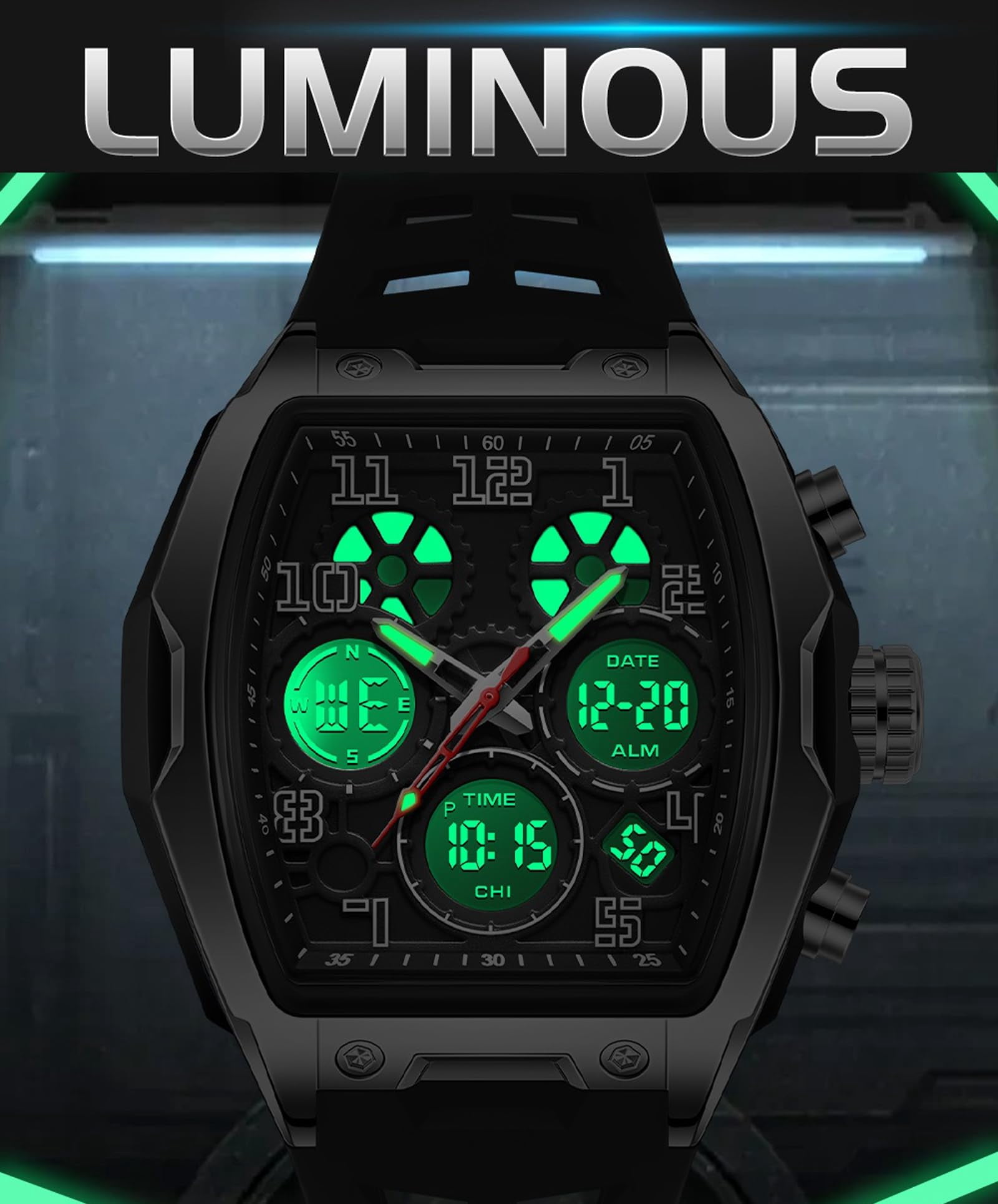 Findtime Mens Watches Square Rectangle Dial Watch for Men Waterproof White Relojes para Hombres Punk Cool Design Chronograph Luminous Silicon Strap