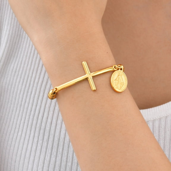 14K Yellow Gold Jesus Religious Cross Pendant Bead Chain Bracelet For Women Men Fashion Jewelry