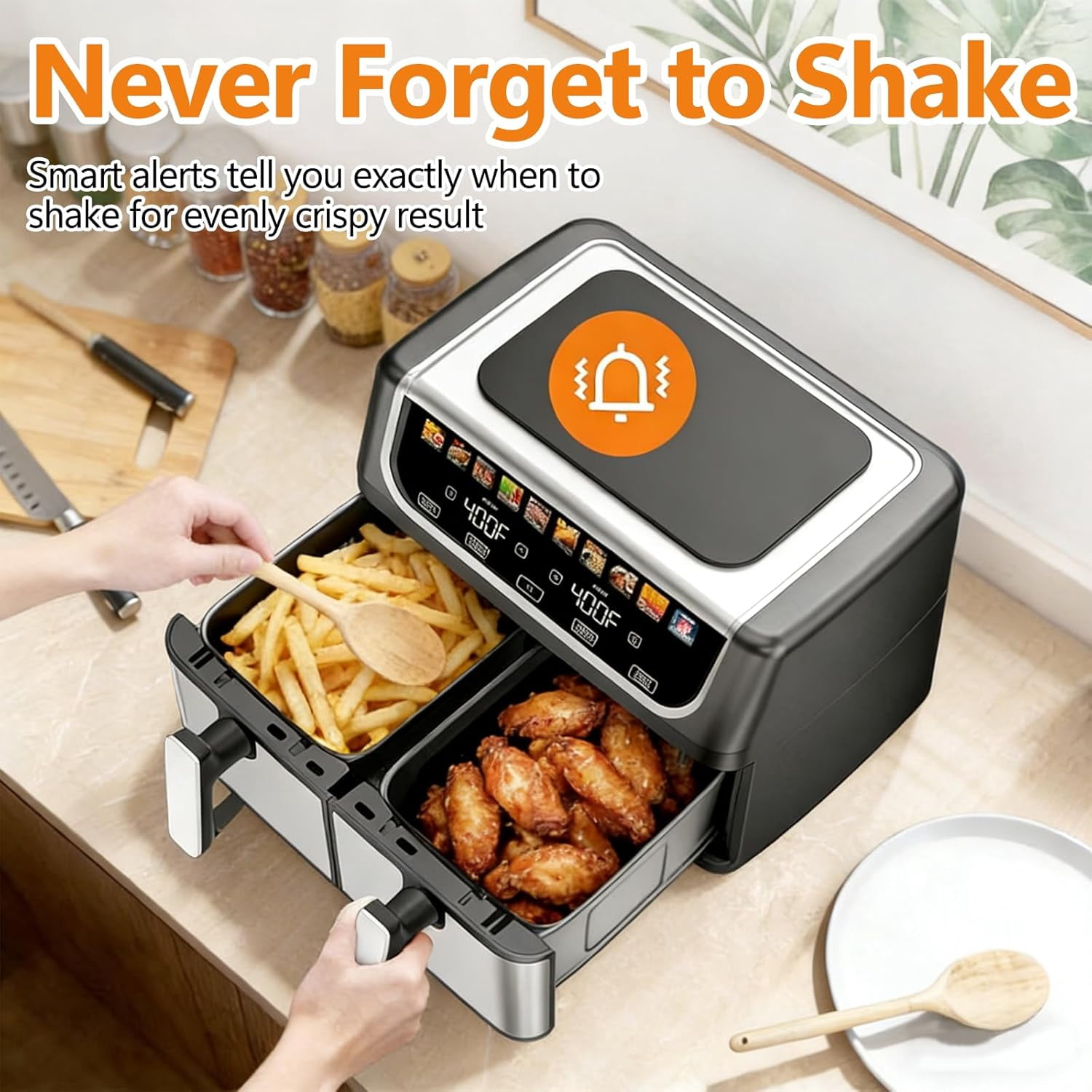 VANECL 9.5QT Dual Basket Air Fryer, Independent Temp Control, Sync Setting, Shake Reminder, 10 Presets: Bake/Roast/Broil/Dehydrate, Black