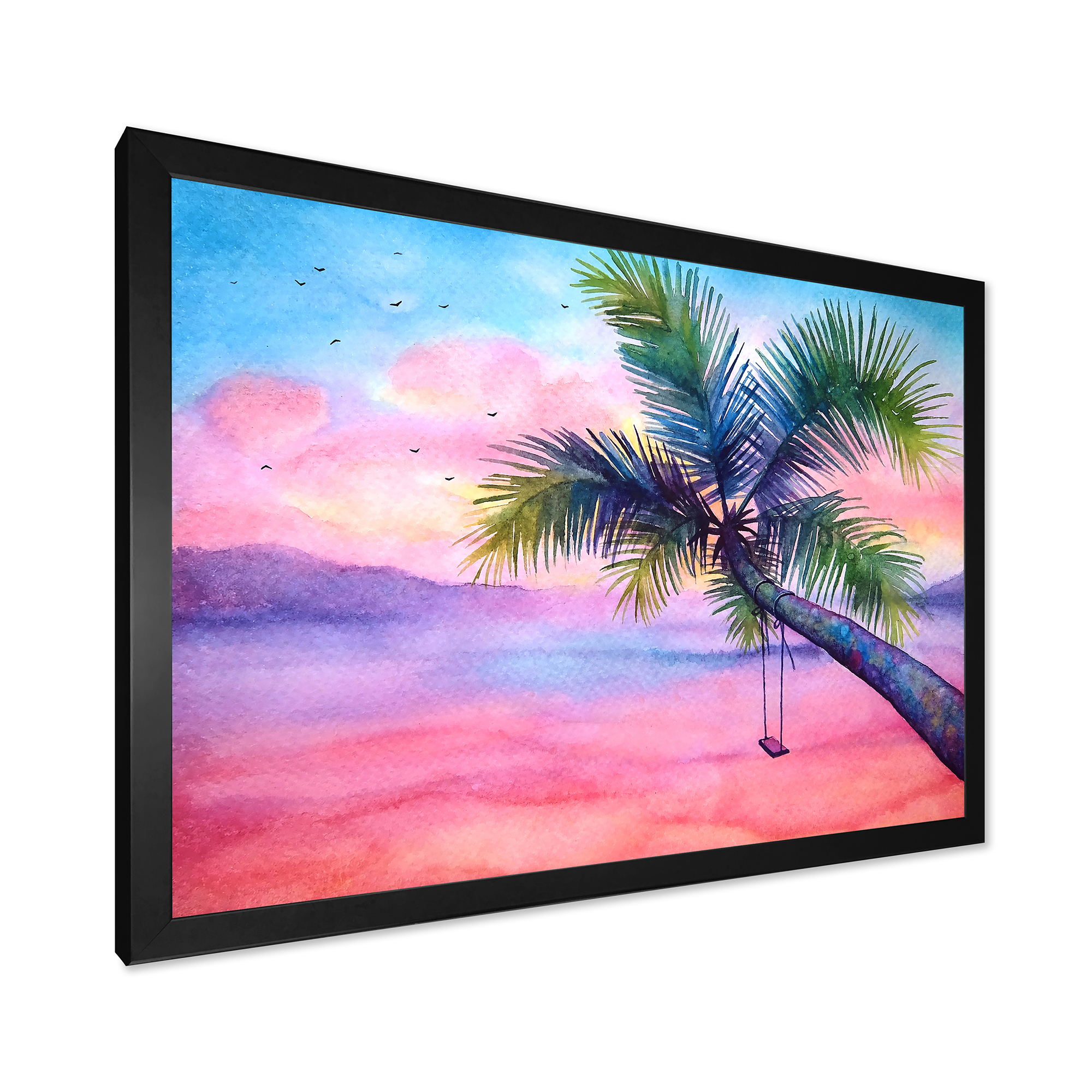 Designart 'Vivid Sunset Landscape With Swing and Palm' Nautical & Coastal Framed Art Print