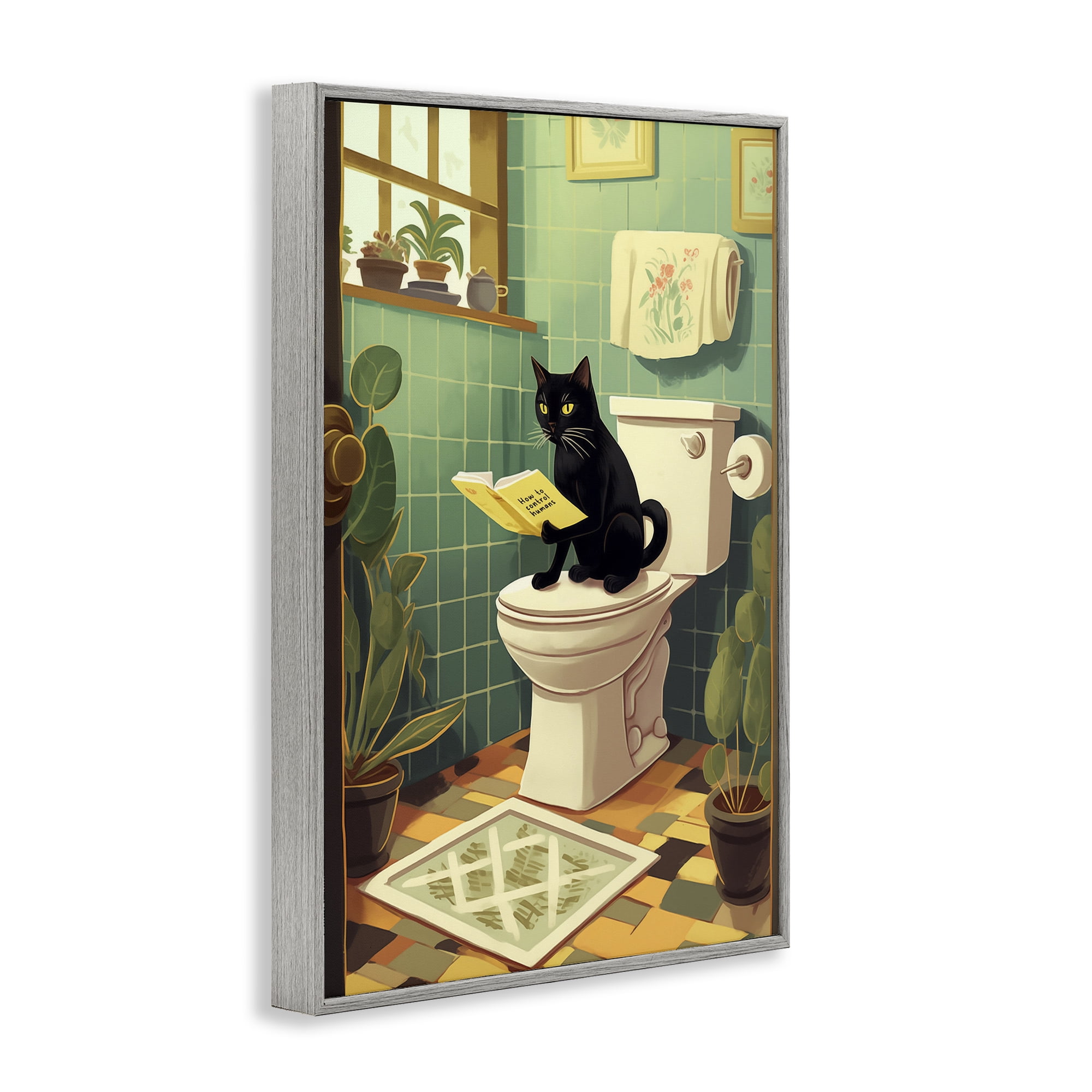Cat Reading On Toilet Gray Framed Giclee Art, design by Andreas Magnusson