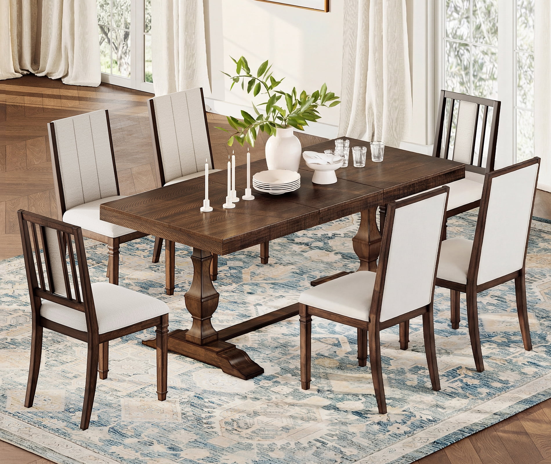 WAMPAT 7-pieces Farmhouse Dining Table Set,74.8" Kitchen Table with Chairs for 6-8,Solid Wood Legs and Upholstered Back for Dining Room & Living Room,Espresso Brown