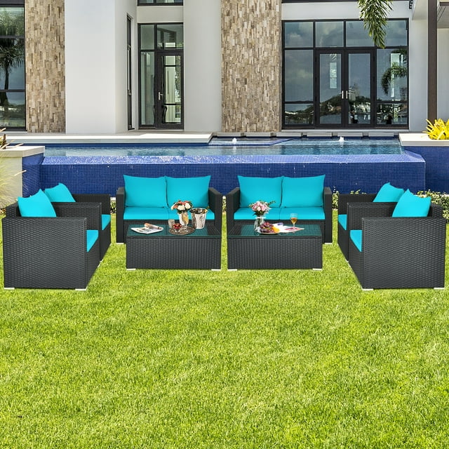 Costway Ensemble de 8 Pcs pour Patio en Rotin avec Coussins Canapé Fauteuil Table Basse Turquoise