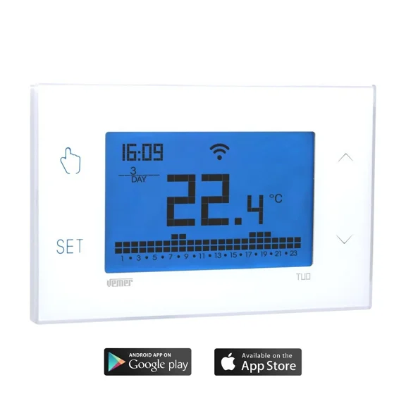 VEMER Wall-Mount Heat/Cool Weekly Chronothermostat Touch Screen Tuo Wi-Fi Lite Bianco, Article Number: VE785700