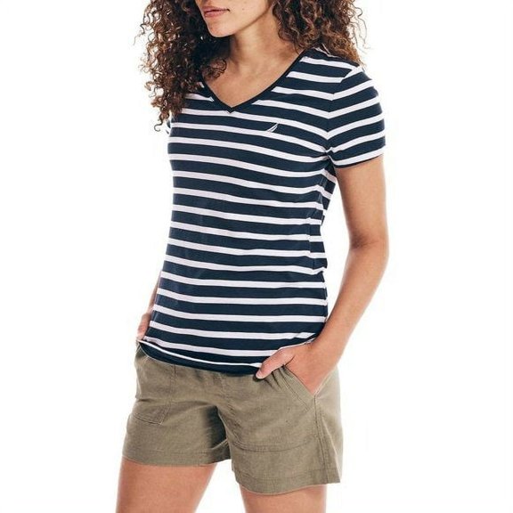 Nautica Women's V-Neck Stripe Logo Tee Soft Jersey T-Shirt-Blue / L