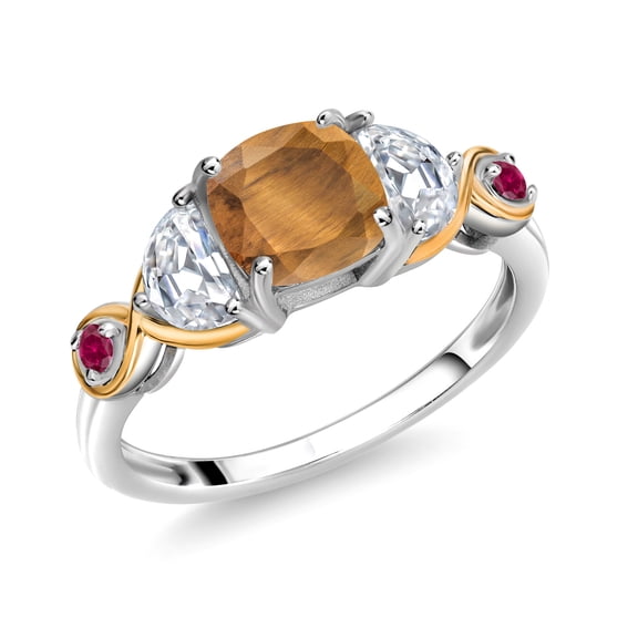 Gem Stone King 925 Silver and 10K Yellow Gold 3-Stone Ring Cushion Tiger Eye Half Moon Moissanite (1.66 Carat Cttw) (Size 7)