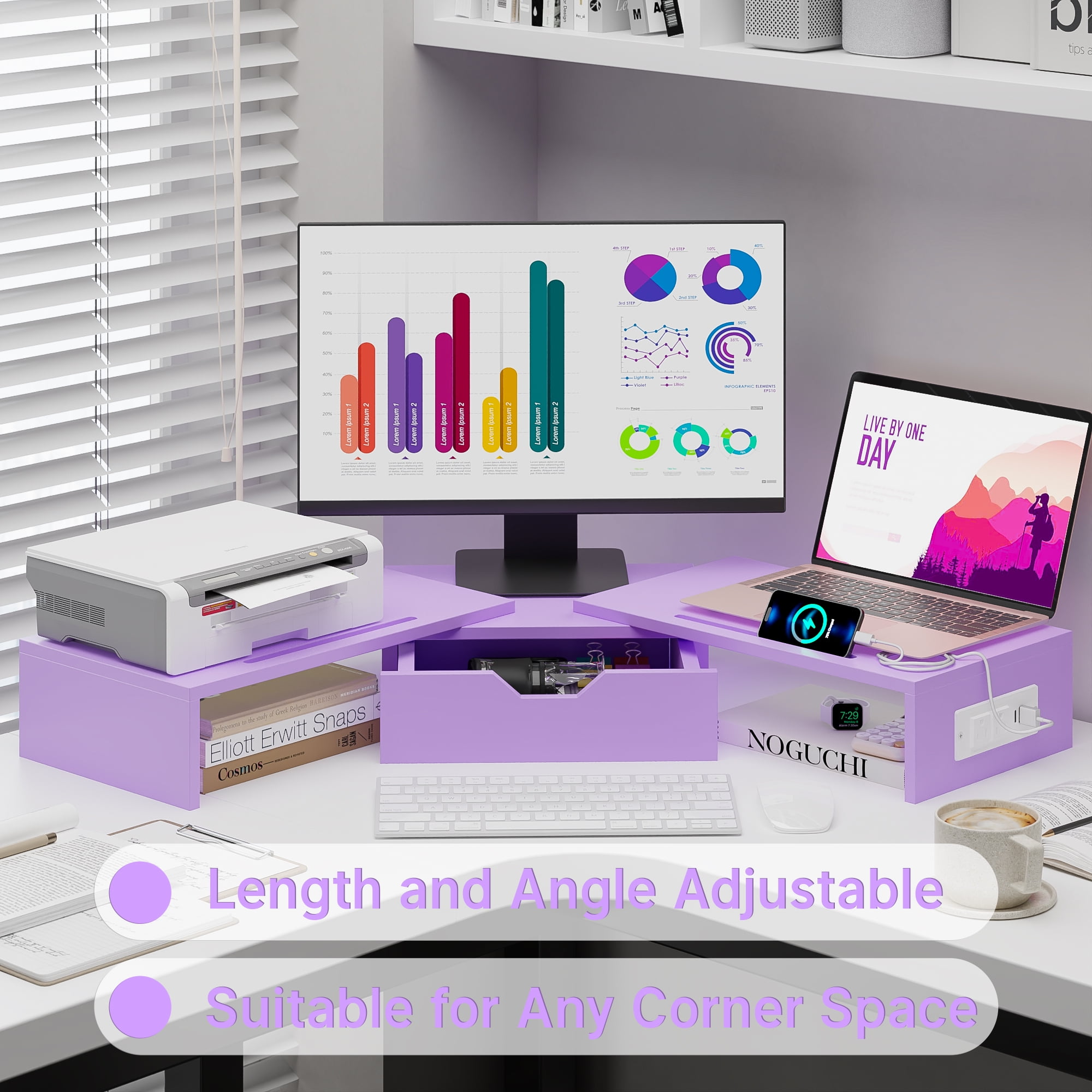 Yoneston Dual Monitor Stand Riser with Charger, Adjustable Length and Angle Desk Organizer with Drawer, Computer Monitor Stand with Phone Holder for PC, Laptop, Printer, Purple
